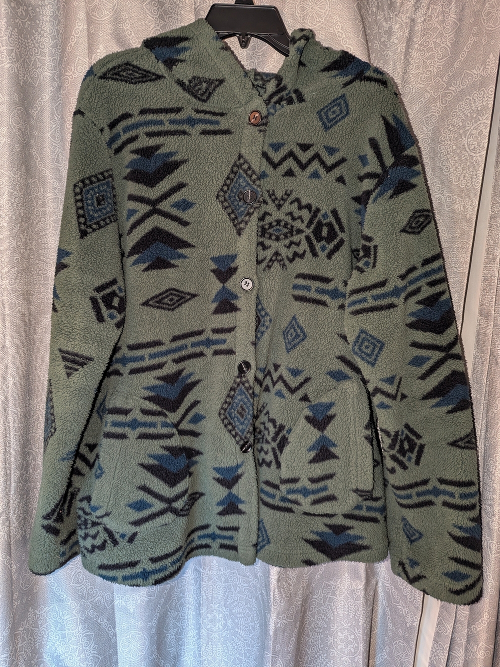Cozy Hooded Aztec Pattern Fleece Teddy Jacket - Green